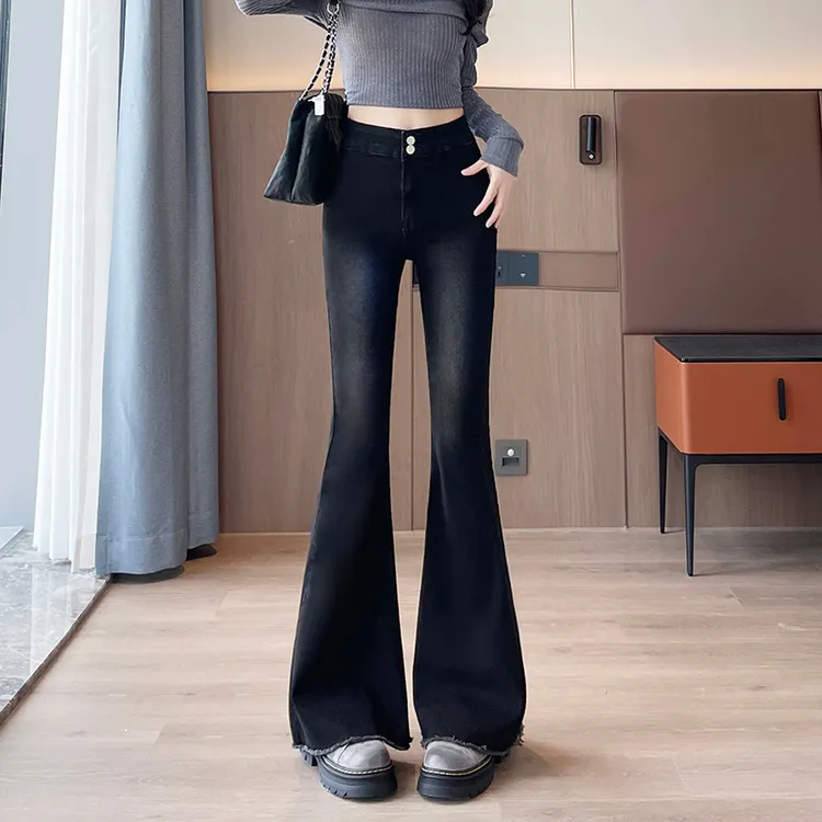 黑色鱼尾裤女喇叭裤2025年秋季新款高腰现在辣妹微喇牛仔裤长裤