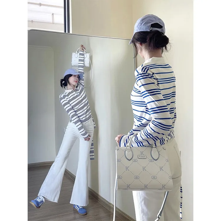 领【原版品质】韩系polo领蓝条纹长袖t恤女秋季新款小众飘带上衣