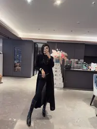 DOUWU【帅帅女王】黑色净版开衫无领长款长袖开衫KS14136