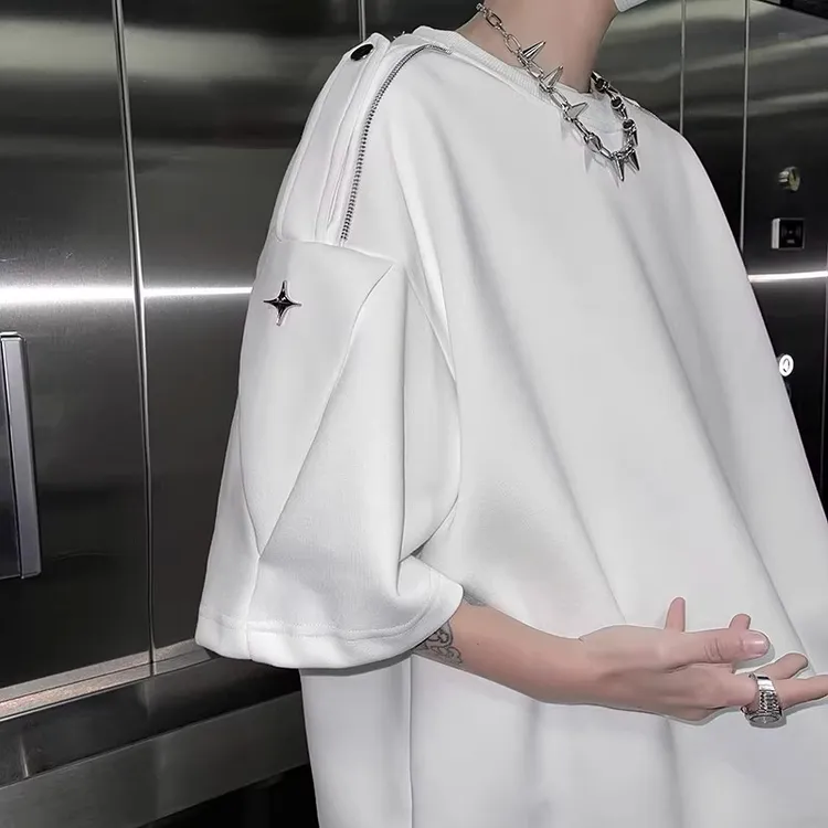 拉链设计短袖T恤男款2025夏季美式高街潮流痞帅炸街圆领半袖上衣