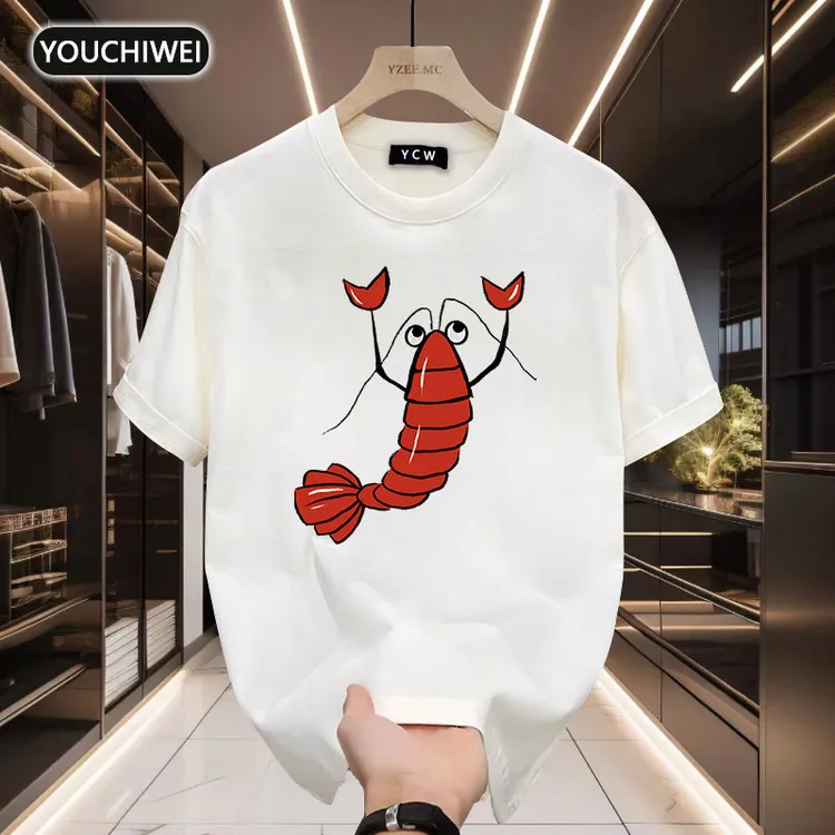 优驰威痞帅纯棉龙虾印花T恤青年男女夏季ins街头潮流宽松百搭短袖