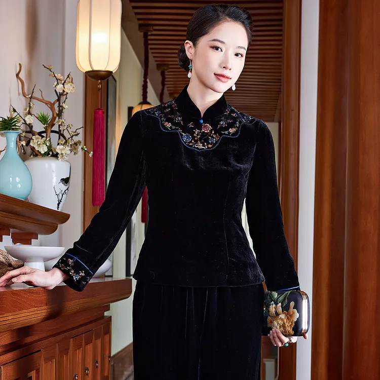 【曲中幽兰】桑蚕丝真丝丝绒黑色刺绣显瘦复古春秋气质上衣W25279