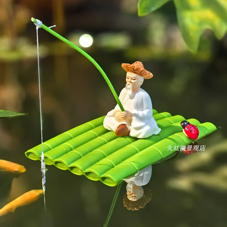水面漂浮竹排竹筏姜太公钓鱼翁摆件熊猫垂钓庭院鱼池鱼缸造景装饰