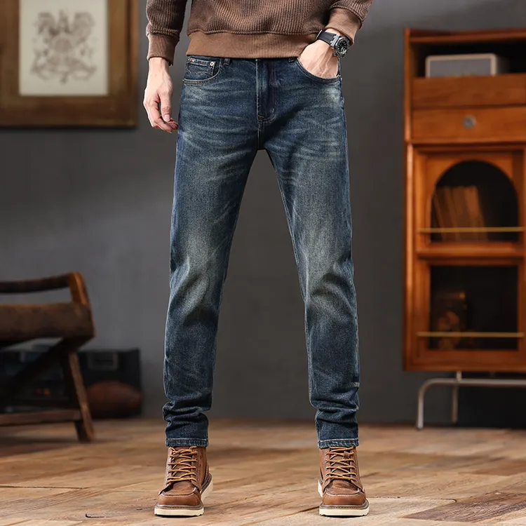 高端复古男士牛仔裤秋冬2025新款蓝色修身小直筒弹力潮流百搭长裤