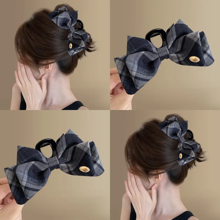 韩系ins格纹抓夹女高级感2025新款甜美气质发夹后脑勺鲨鱼夹头饰