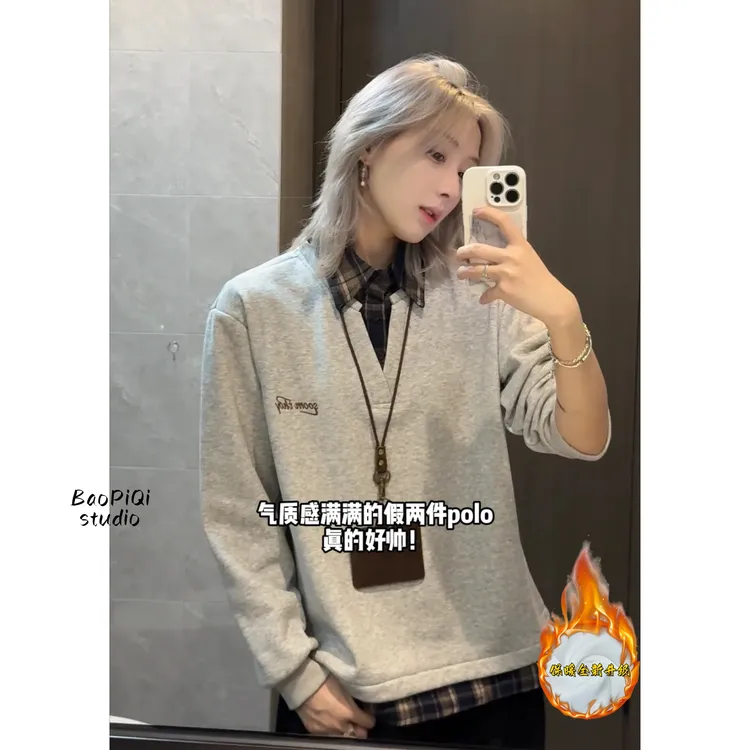 假两件拼接衬衫领卫衣男女秋冬美式复古格子上衣学院风情侣外套
