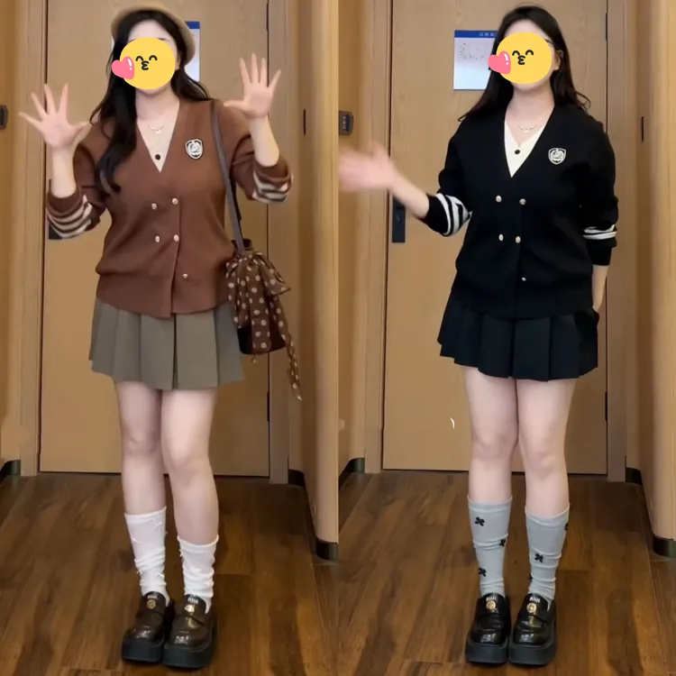 大码女装胖mm显瘦学院风假两件针织衫上衣秋冬胖妹妹遮肚减龄开衫