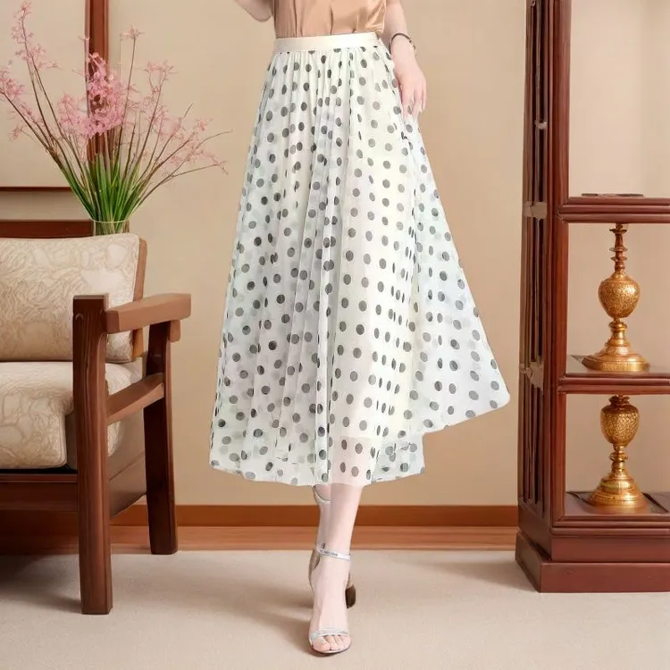大码气质百搭印花网纱裙2025夏季新款高腰波点透气时尚大摆伞裙女