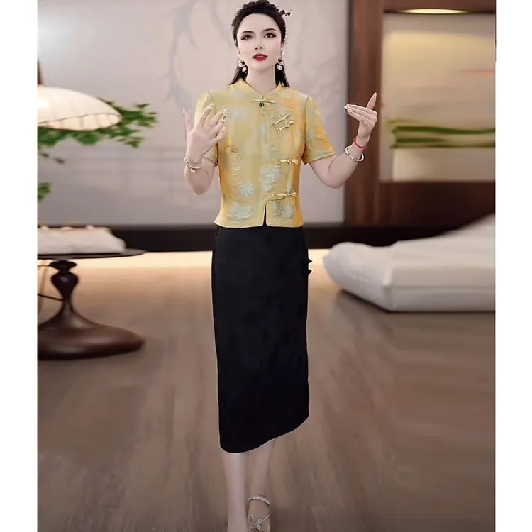 高级织锦提花缎国风盘扣套装礼服裙2025夏季新款修身显瘦俩件套女