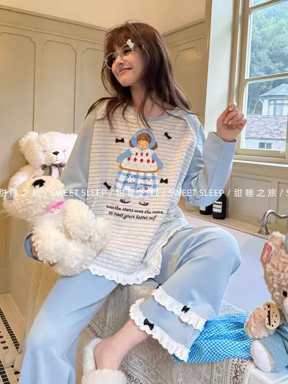 秋季条纹蛋糕女孩睡衣女长袖韩系甜美卡通减龄韩版可外穿家居服套