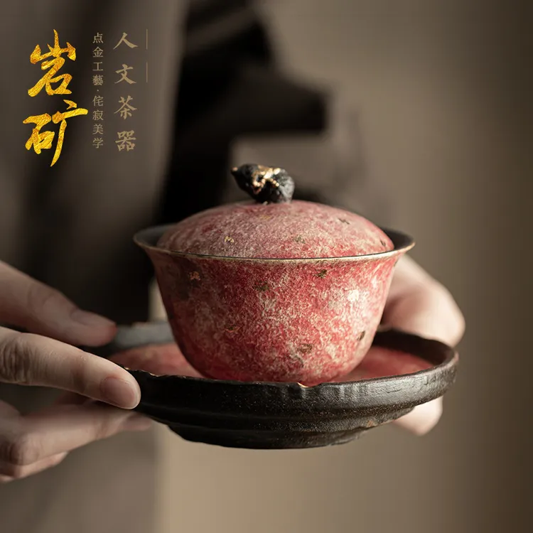 岩矿彩陶福禄三才盖碗中式复古陶瓷防烫泡茶敬茶碗功夫茶具礼盒装