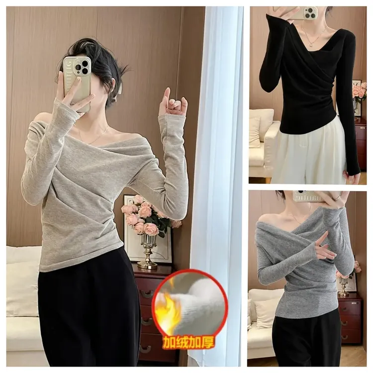 印像家【多种穿法】 加绒加厚冬纯欲长袖T恤辣妹露肩睡衣打底衫