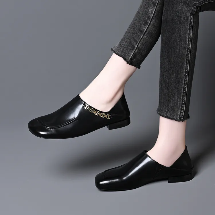 2025春秋新款舒适软底软面方头金属链条平底一脚蹬懒人深口单鞋女