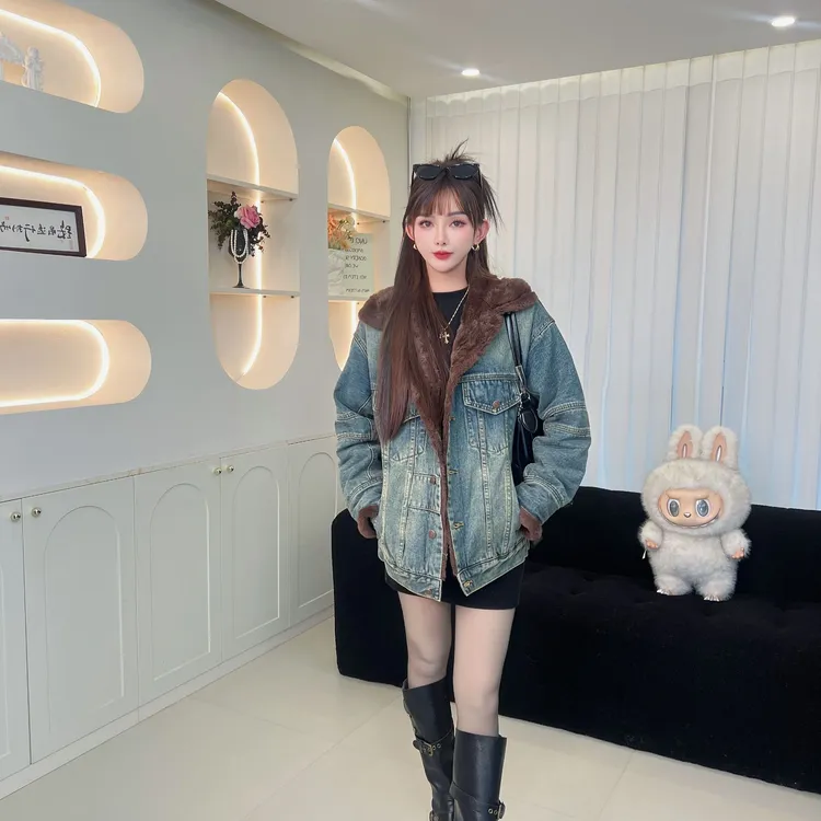 冬季复古拼接加绒牛仔外套女冬季新款宽松学院风痞帅情侣棉衣