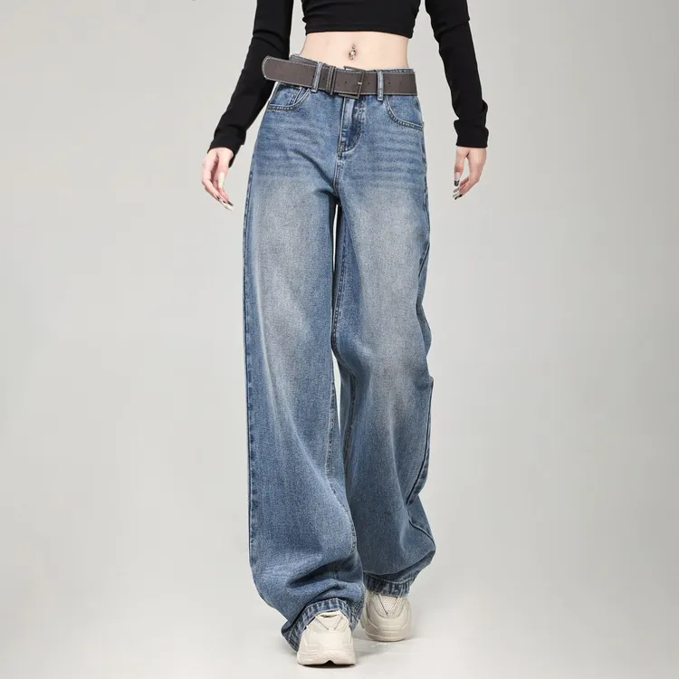 2025秋季新款美式复古直筒牛仔裤百搭时尚中腰显瘦垂感拖地阔腿裤