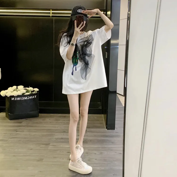网红白色半袖t恤女夏季中长款宽松设计感小众时尚百搭短袖体恤潮