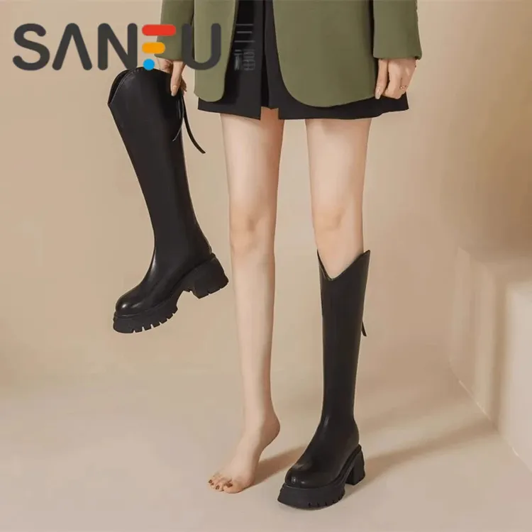 三福英伦风加宽粗腿长筒靴女2025年秋冬季新款小个子厚底骑士长靴