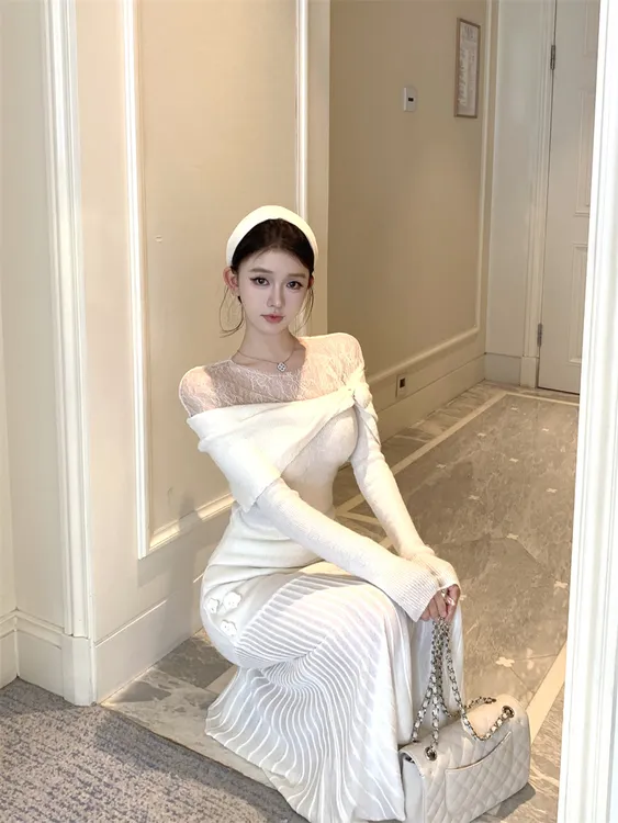 性感蕾丝拼接一字肩白色针织衫毛衣女春季新款包臀鱼尾裙两件套装