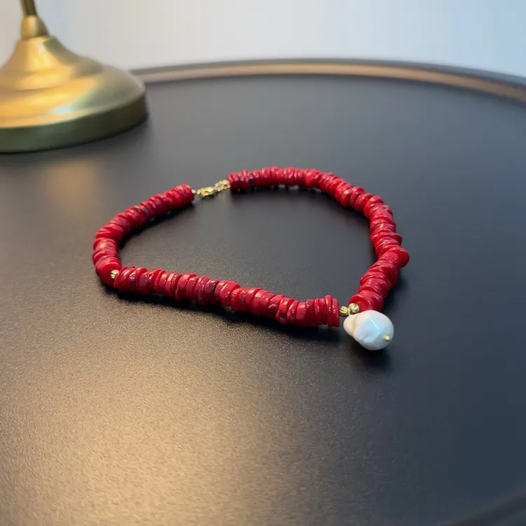 合金仿珍珠项链 红色小众串珠个性设计感大项链NEGlc 0567