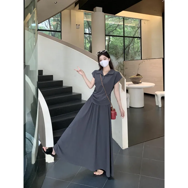 大码时尚休闲气质POLO领设计感上衣女夏季胖MM高腰半身裙两件套