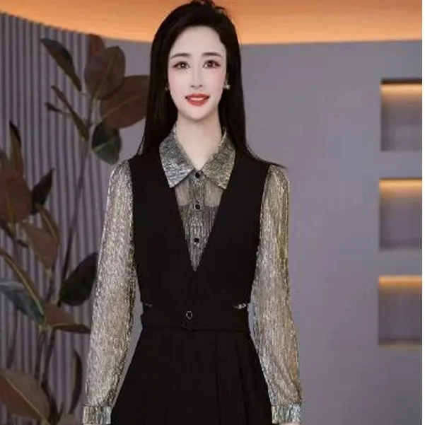 气质新款女装宽松时尚收腰显瘦减龄假两件连衣裙M-4XL