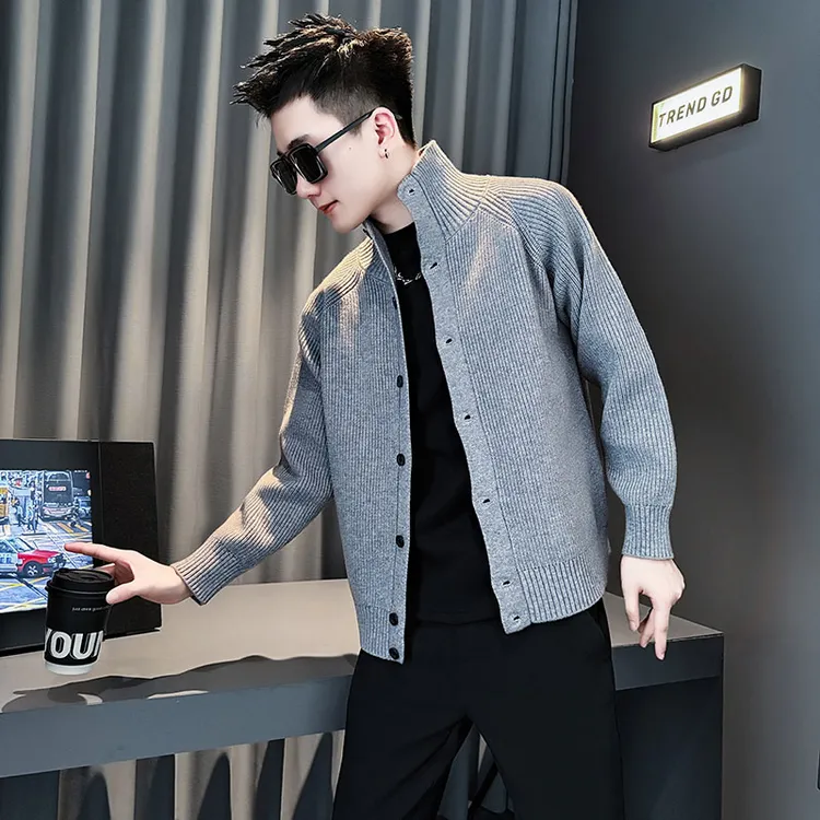 男士毛衣开衫秋冬新款男生衣服高级感痞帅上衣针织衫立领休闲外套