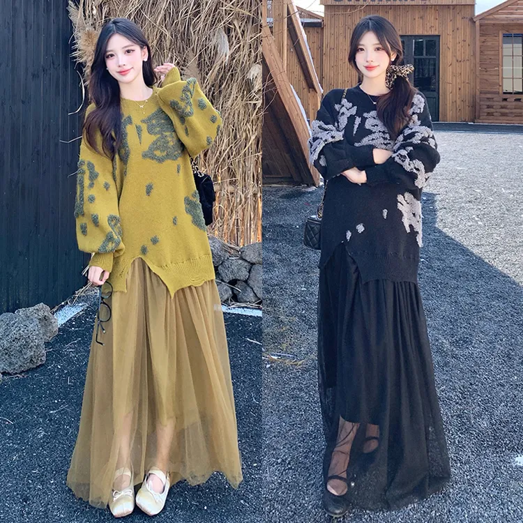 大码新中式国风连衣毛衣裙子女秋冬季2025新款针织拼纱长裙女