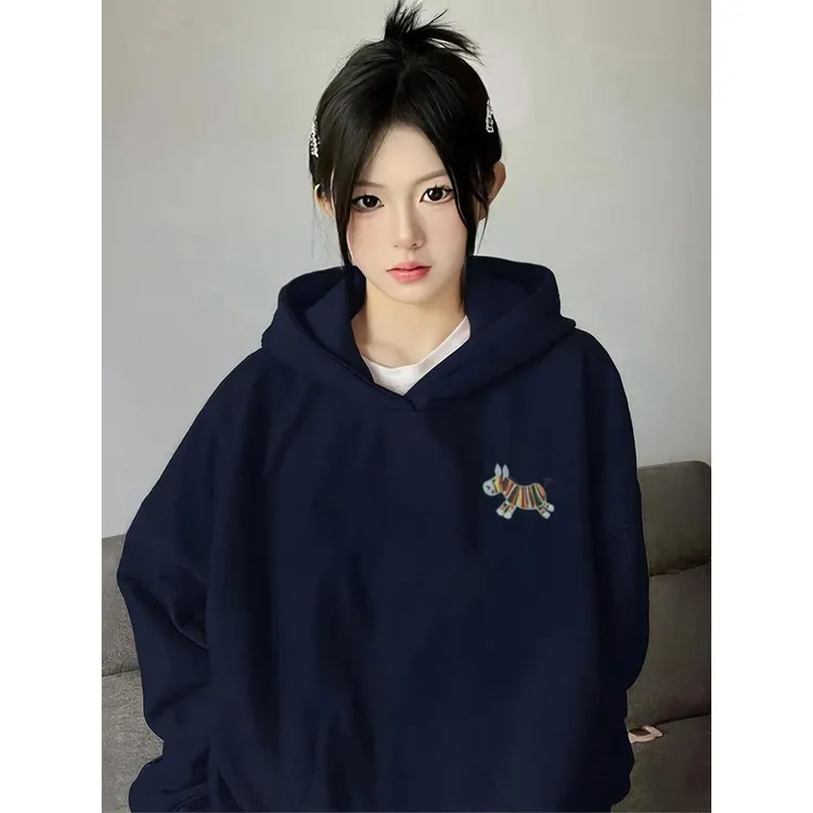 藏蓝色连帽卫衣女秋冬爆款美式高街宽松小个子慵懒风休闲百搭长袖