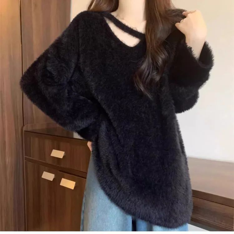 2024新款洋气针织水貂绒毛衣女装慵懒风V领外穿宽松上衣洋气毛衣