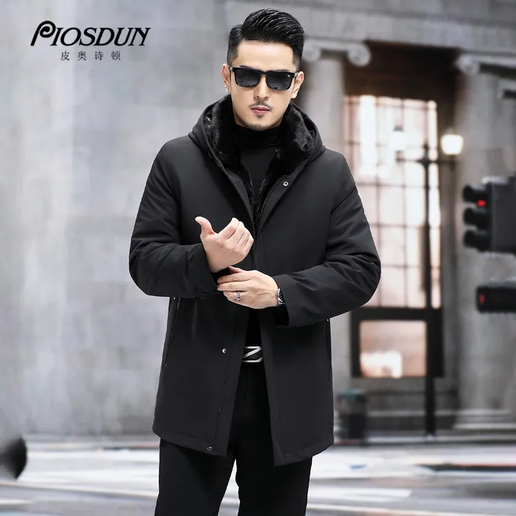 连帽中长款派克服水貂内胆可拆卸冬季男士