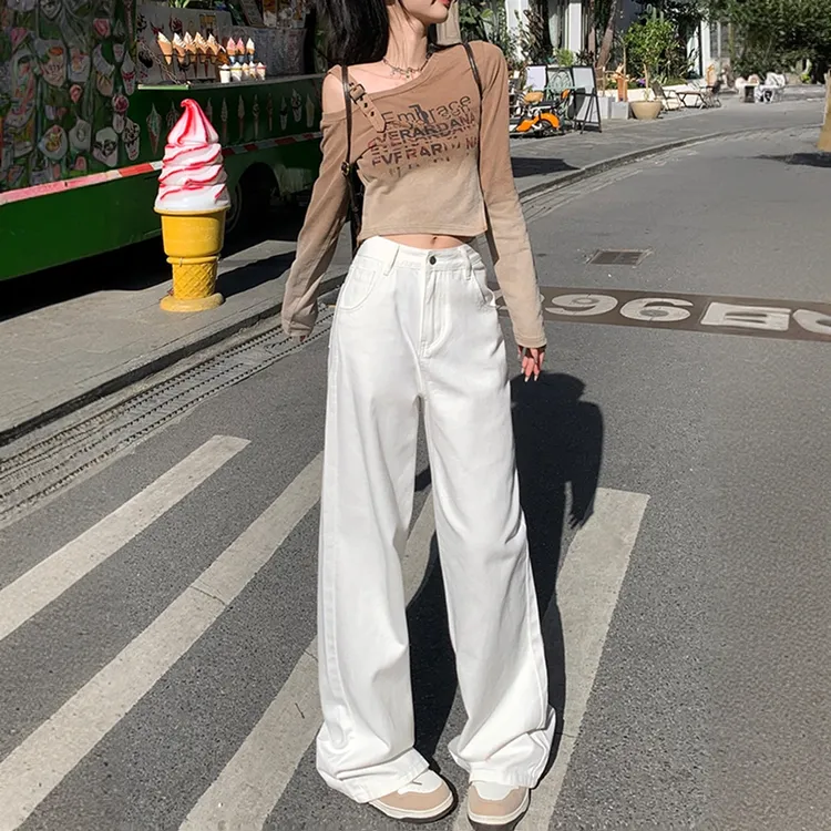 美式白色高腰显瘦宽松阔腿裤女2025年春季新款百搭垂感直筒拖地裤