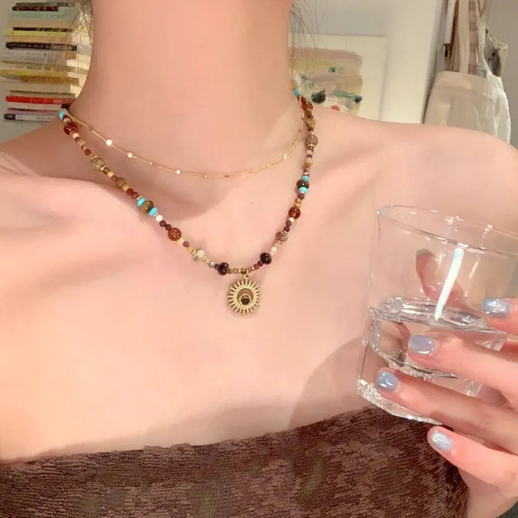 铜项链 美拉德太阳花串珠项链女高级感小众锁骨链复古叠戴毛衣链