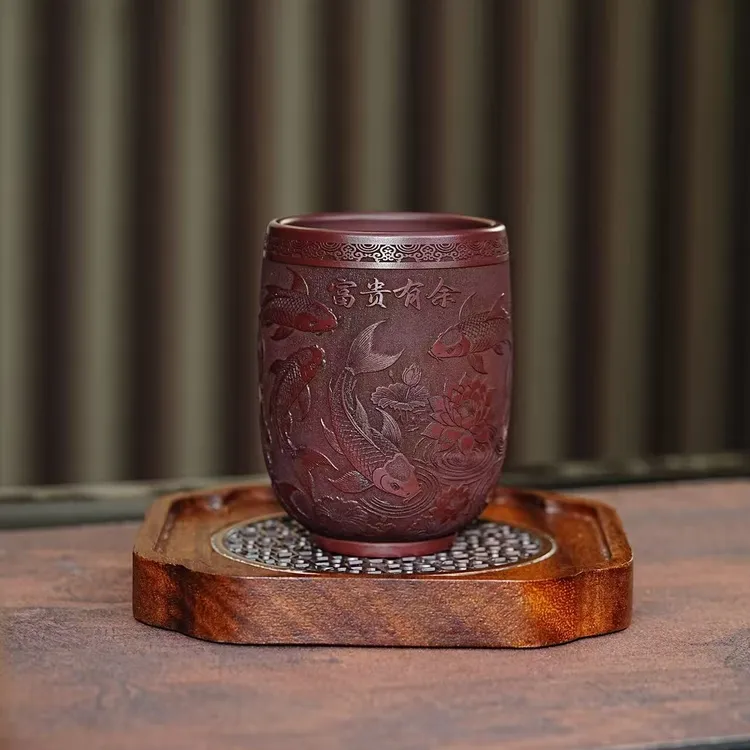 宜兴原矿紫砂石红全手工刻绘富贵有余主人杯高端品茗杯