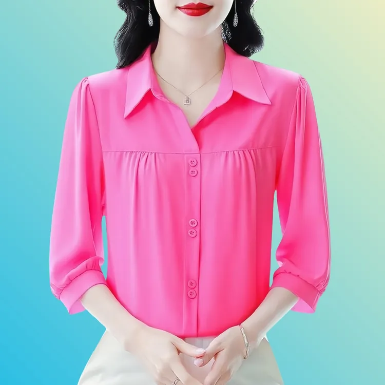 夏季薄款七分袖纯色雪纺上衣时尚妈妈装洋气显瘦百搭气质小衫女士