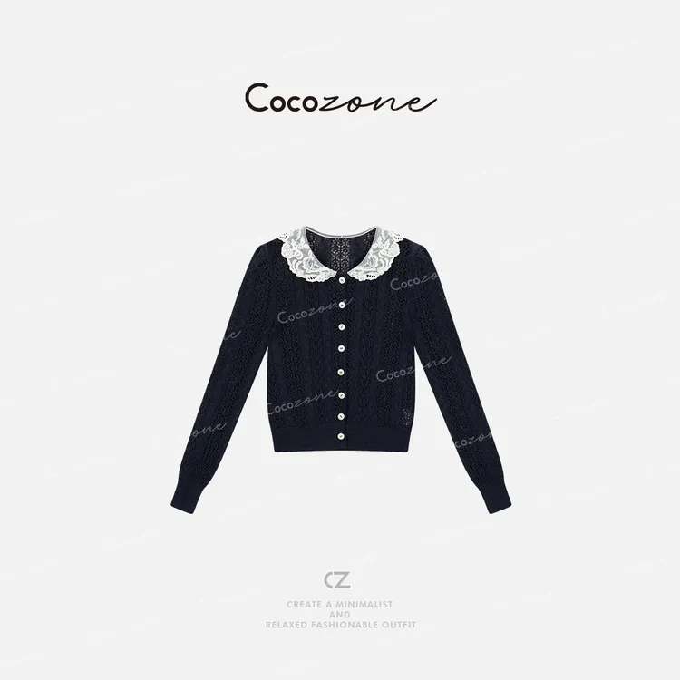 COCO ZONE 刘一一 法式镂空绞花拼接蕾丝翻领针织开衫CD1A0441