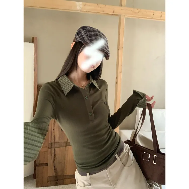 宋正恩9/2910:00上新【复古橄榄绿同色系拼格子设计polo领T】ZE7988