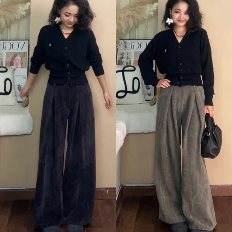 柚兮原创自制～小个子高级感雪尼尔绒感宽松阔腿女裤高腰休闲长裤