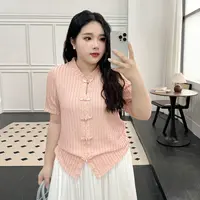DX7733大码女装【烟雨江南】新中式肌理感竖条纹盘扣200斤短袖衬衫