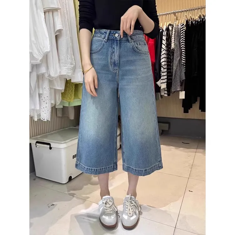 美式复古阔腿牛仔裤女2025夏季新大码款高腰显瘦宽松直筒七分裤子