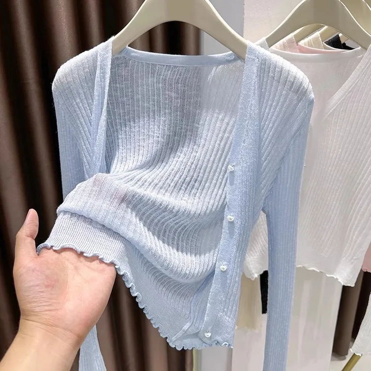 大码蓝色冰丝防晒开衫女夏季薄款针织衫胖mm吊带外搭披肩短款上衣