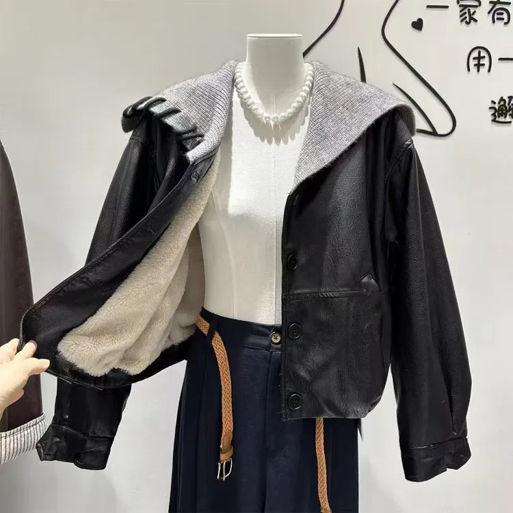 学院风海军领短款螺纹方领皮衣休闲百搭拼接上衣加绒2333