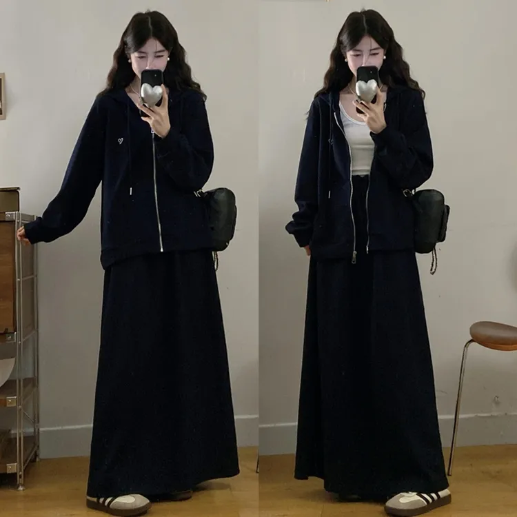 大码胖mm女装韩版时尚秋装连帽拉链卫衣+高腰半身裙两件套装女