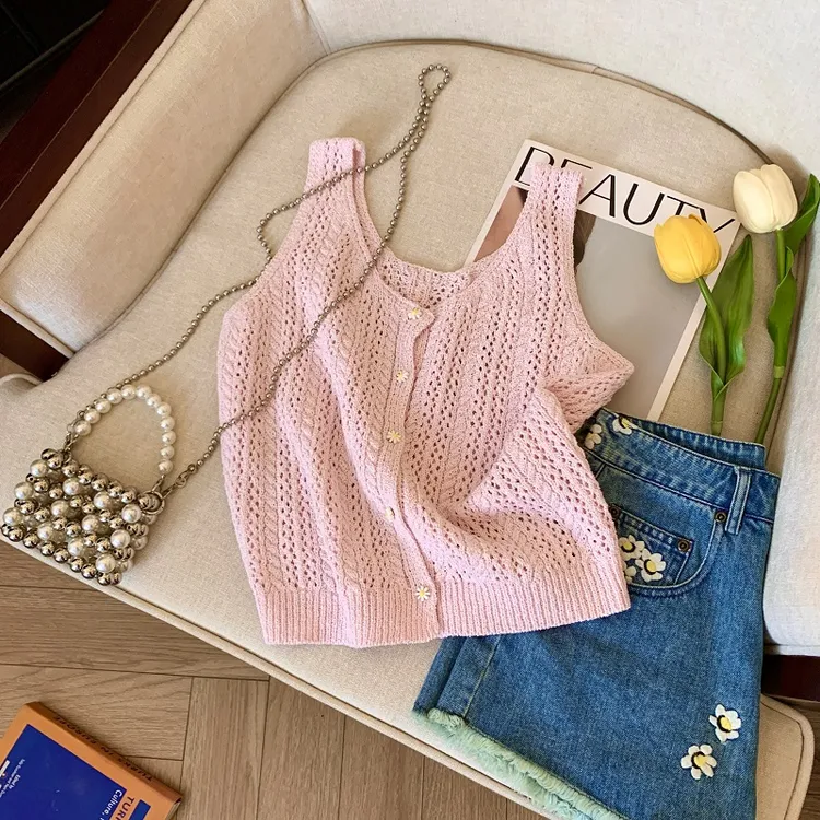 辣妹薄款镂空粉色针织吊带背心女夏季外穿v领宽松短款无袖上衣