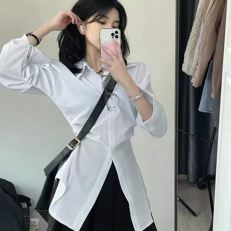 高级感辣妹休闲收腰衬衫女春夏新款开叉显瘦性感长袖衬衣气质上衣