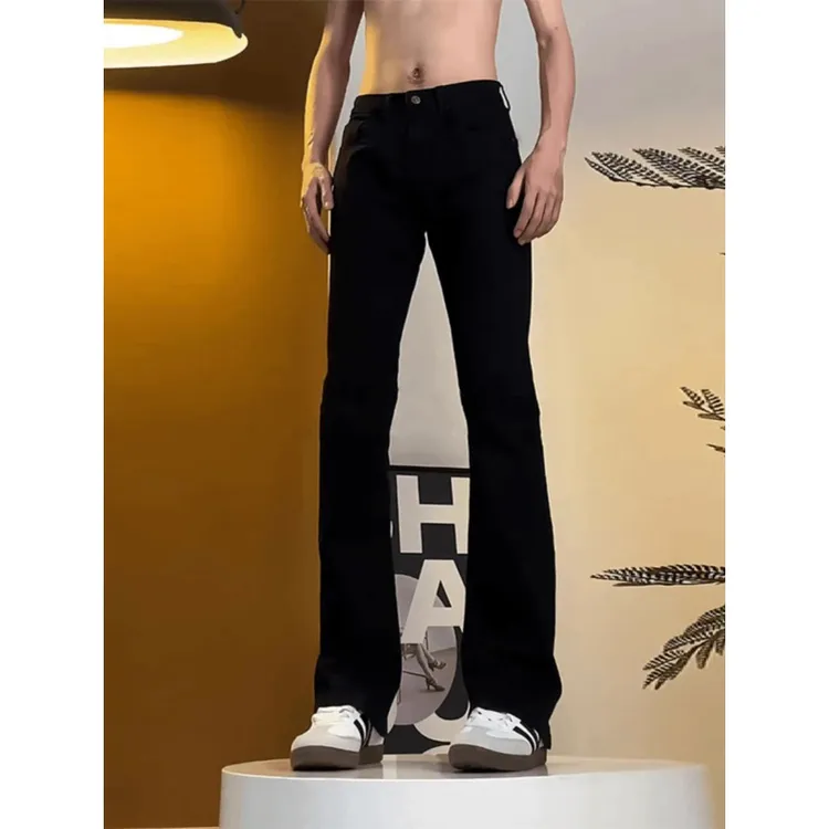 cleanfit黑色弯刀牛仔裤男款春秋季美式高街修身显瘦微喇直筒裤子