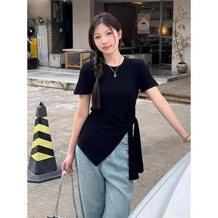 短袖T恤女夏中长款不规则绑带上衣设计感高腰春夏辣妹小众宽松花