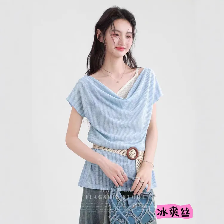 2025夏季设计感洋气百搭荡领假两件吊带气质修身v领短袖T恤显瘦女