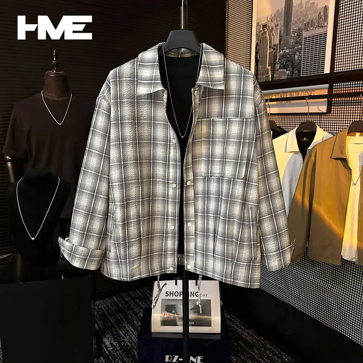【HMEYAO】原创秋季撞色渐变格纹复古夹克潮流时尚百搭泡泡纱外套