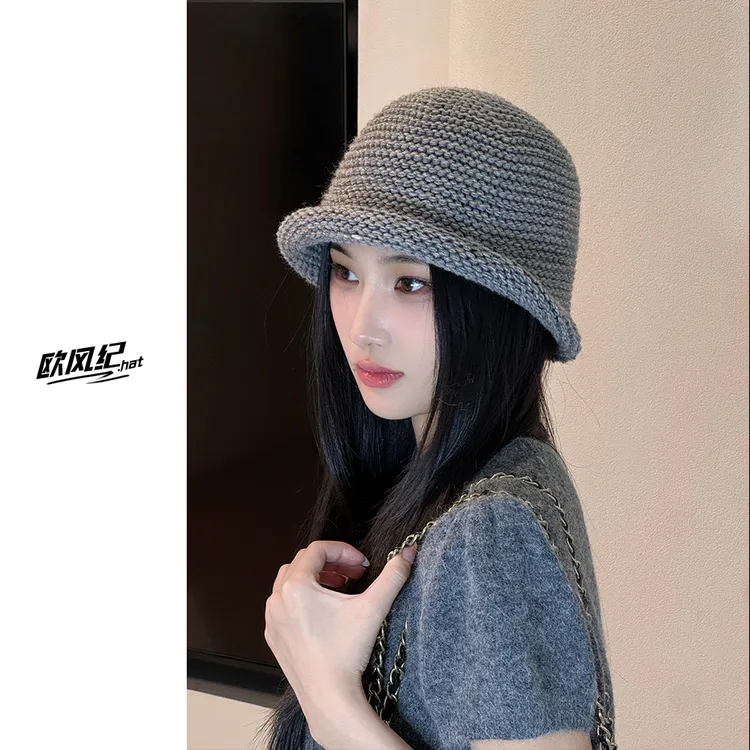 小众设计款~日系羊毛混纺针织渔夫帽女秋冬复古卷边盆帽毛线帽子