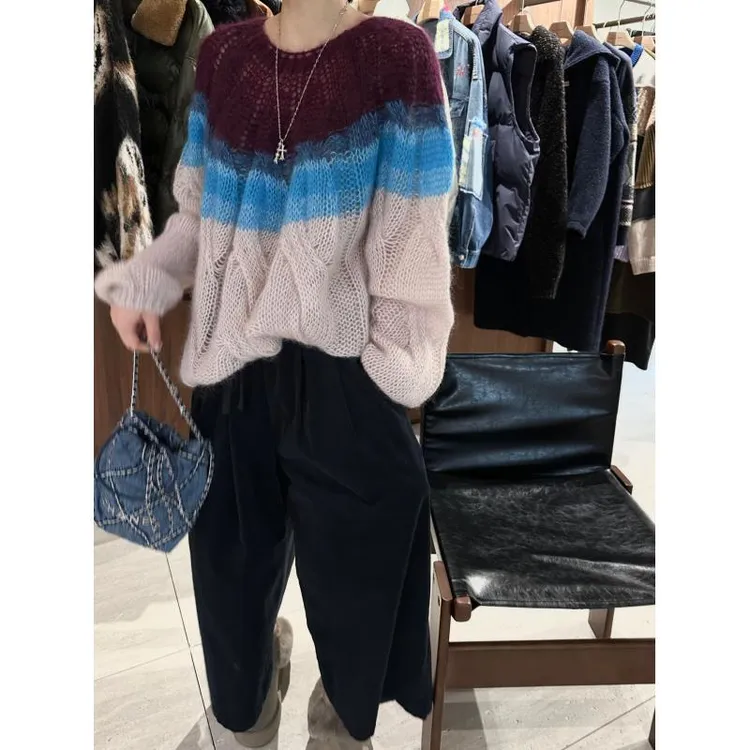 高比例马海毛撞色条纹镂空针织毛衣  J25MY753